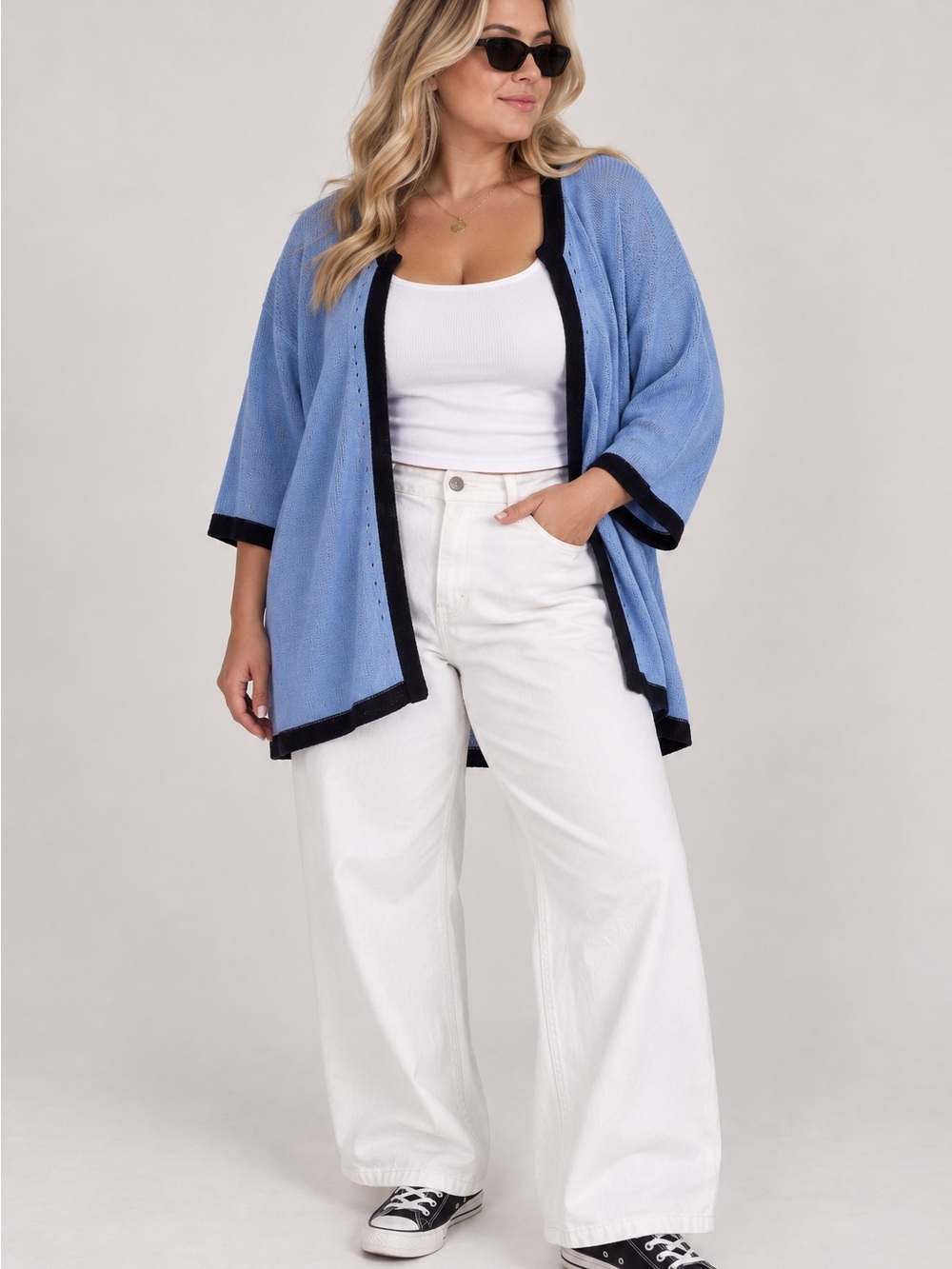 Vintage Wild Silk Open Front Knit Cardigan Light Blue Size 1X